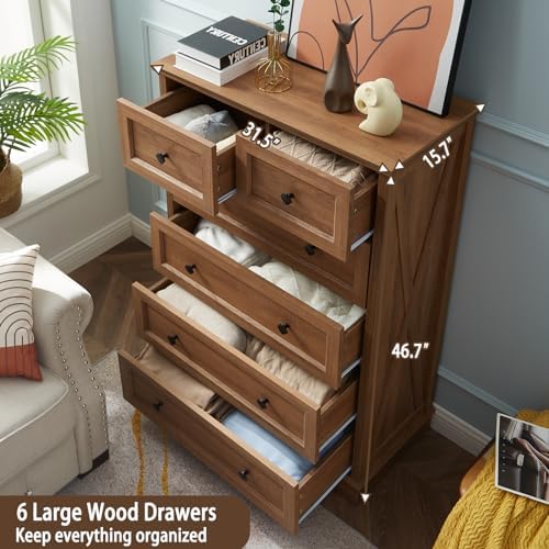 Farmhouse 6 Drawers Dresser Chests for Bedroom, Natural Oak Wood Dressers - Image 5