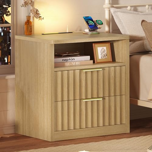 TEENFON Fluted Night Stand, Nighstand with Charging Station and LED Light, Modern Bed Side Table for Small Space, Storage Drawer and Open Shelf, for Bedroom, Natural - Image 2