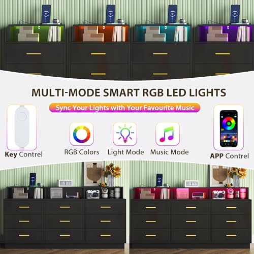 knoworld Black 9 Drawer Dressers for Bedroom, Modern Large Dresser with LED Light and Power Outlet, Wooden Long Dressers, Triple Dresser for Bedroom, Entryway, Hallway - Image 4