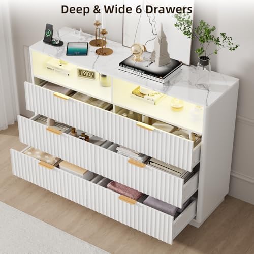 VOWNER Fluted 6 Drawers Dresser for Bedroom Chest of Drawers with 2 Shelves - Image 3