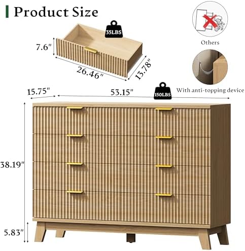 Xixini Fluted Dresser with 8 Drawers, 54" Wide Modern Chest of Drawers with Metal Handle, Wooden Dresser TV Stand, Wood Closet Clothes Storage Organizer for Bedroom, Living Room, Hallway, Natural Oak - Image 2