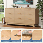 DUMOS Fluted 9 Drawer Dresser for Bedroom, 57.1" Wide Modern Chest of Drawers with Gold Metal Handles, Wooden Dresser TV Stand, Storage Organizer Unit for Living Room, Hallway, Natural Oak - Image 5