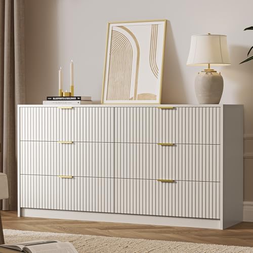 MAISONARIA 6 Drawer Dresser for Bedroom, 55" Wide Modern Chest of Drawers with Gold Metal Handles, Fluted Wood TV Stand for Living Room, Hallway(Beige) - Image 6