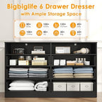 Bigbiglife 6 Drawers Dresser for Bedroom with Open Storage Cubby, Double Wide Dresser Organizer for Bedroom, Living Room, Entryway, Hallway (Black) - Image 7