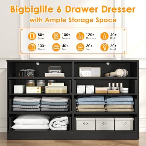 Bigbiglife 6 Drawers Dresser for Bedroom with Open Storage Cubby, Double Wide Dresser Organizer for Bedroom, Living Room, Entryway, Hallway (Black) - Image 7