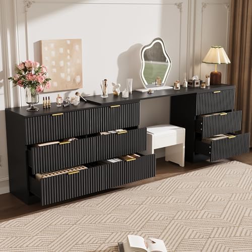 MAISONARIA L-Shaped Rotatable 9 Drawer Dresser for Bedroom, 71" Wide Deformable Black Dresser with Gold Metal Handles, Modern Fluted Chest of Drawers for Bedroom, Living Room, Entryway, Hallway - Image 6