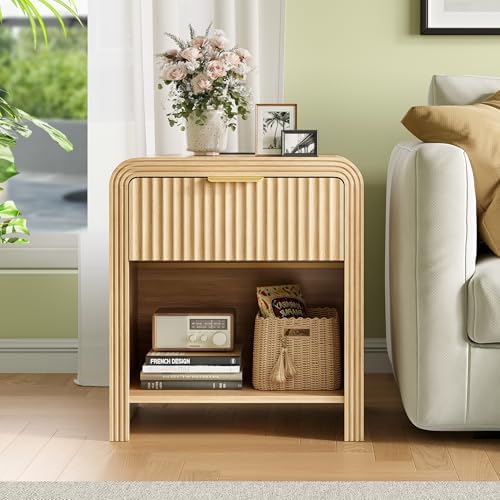Decofy Fluted 1-Drawer Nightstand with Charging Station, Oak - Image 6