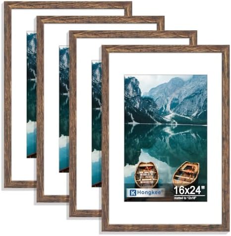 Hongkee 16x24 Frame Set of 4, 16 x 24 Rustic Brown Wood Style(Mat 12x18) by Hongkee