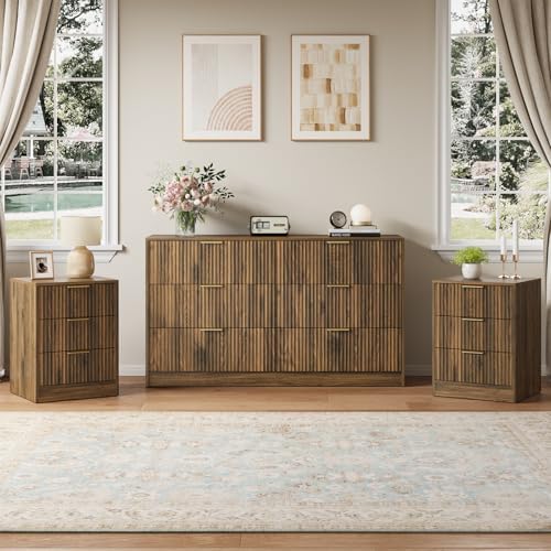 6 Drawer Dresser & 3-Drawer Nightstand Set 3-Piece, Walnut丨Long Dresser and Night Stand Set of 2 with Metal Handle, Fluted Modern Wood Chest of Drawers Storage Dressers Set for Bedroom by NOVAMAISON