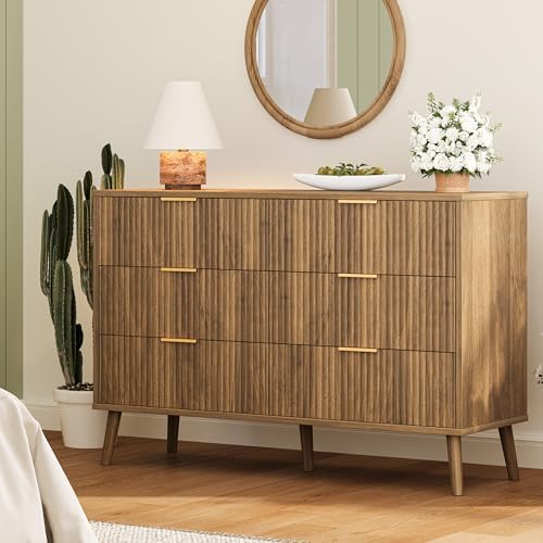Fluted 6 Drawers Dresser for Bedroom, Wooden Wide Chest of Drawers with Metal Handle, Dresser TV Stand, Closet Storage Organizer for Entryway, Living Room, Hallway by Unknown