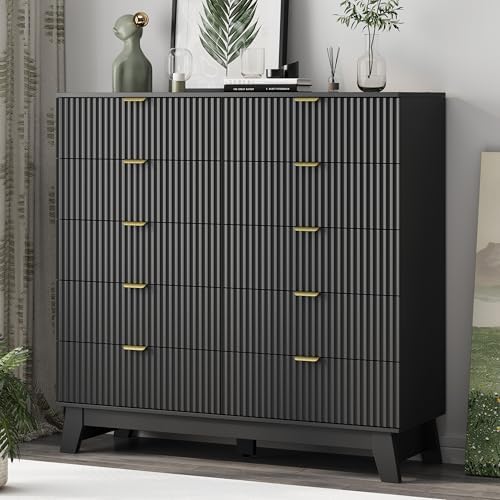 Xixini Fluted Dresser for Bedroom with 10 Drawers, 48" Wide Modern Chest of Drawers with Metal Handle, Wooden Dresser TV Stand, Wood Closet Clothes Storage Organizer for Living Room, Hallway, Black - Image 4