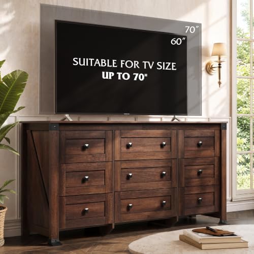 WLIVE Brown Dresser for Bedroom, 9 Drawer Wooden Chest of Drawers with SGS-Tested Anti-Tip Design, 62 Inch Wide Rustic Dresser TV Stand for Living Room, Hallway and Closet, Large Storage Cabinet - Image 5