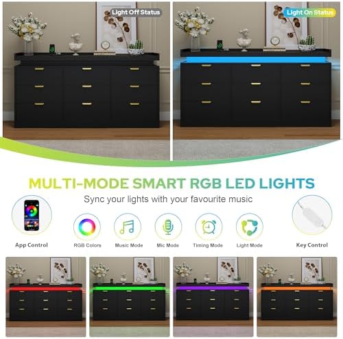 knoworld 9 Drawer Dresser for Bedroom, Black Dresser with LED Lights and Power Outlet, Large Wooden Dressers Modern Chest of Drawers, Triple Wide Drawer LED Dressers for Bedroom, Entryway, Hallway - Image 5