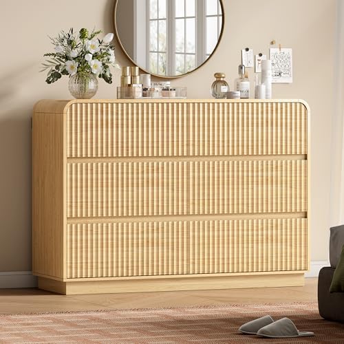 Wodeer Oak Dresser Fluted 6 Drawers Dresser for Bedroom, 47" Wide Wood Chest of Drawers with Hidden Handles & Rounded Corners, Modern TV Stand Storage Cabinet for Living Room, Hallway, Entryway by WODEER
