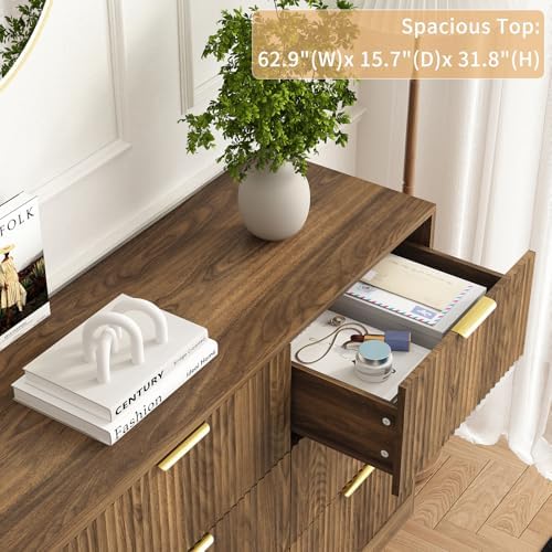 9 Drawer Fluted Dresser for Bedroom with Deep Drawers, Walnut丨63 Wide Wood Dresser, Large Chest of Drawers, Modern Long TV Stand, Storage Cabinet Side Table for Living Room, Hallway - Image 5