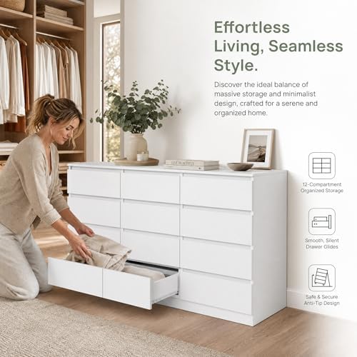 White 12 Drawer Dresser for Bedroom,Modern Long Deep Drawer Dresser,Wood Storage Chest of Drawer, Storage Organizer Drawers for Bedroom - Image 3