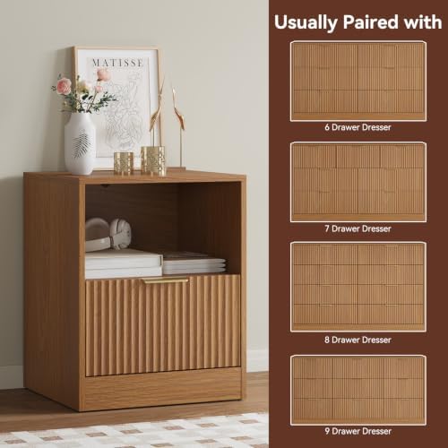 3 Pcs Fluted Dresser & 1-Drawer Nightstand Set, Natural Wood丨7 Dressers and Night Stand Set of 2 with Metal Handle, Fluted Modern Wood Chest of Drawers Storage Dressers Set for Bedroom - Image 6