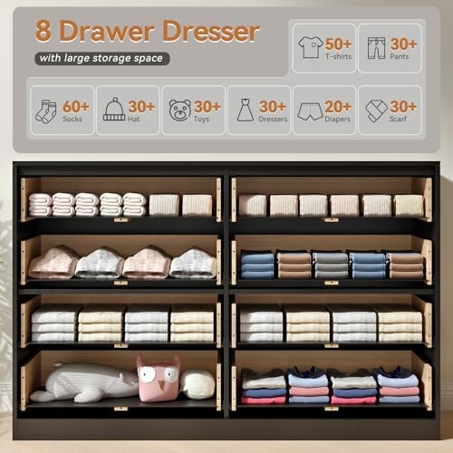 Black Dresser with 8 Drawer 55" Wide Fluted Dresser for Bedroom丨Double Drawer Dresser Modern Chest of Drawers with Gold Handle, Wood TV Stand for Bedroom, Living Room, Entryway, Black - Image 3