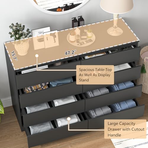 Vibe & Dine Double Dresser 8 Drawer, Modern Wooden Chest of Drawers with Wide Storage for Closet, Bedroom, Living Room, Black - Image 5