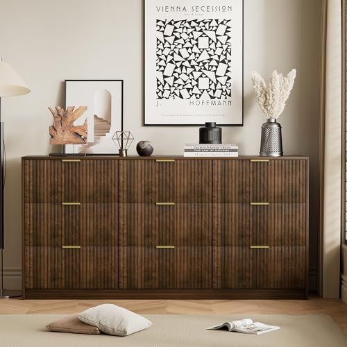 Furniway Walnut Dresser for Bedroom, Modern Dresser with 9 Drawers and Smooth Slides, Wide Chest of Drawers with Golden Handles for Bedroom, Living Room, Closet, 15.7" D x 63" W x 31.5" H - Image 7