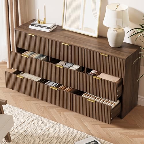 MAISONARIA 9 Drawer Dresser for Bedroom, 63" Wide Modern Fluted Dresser with Gold Metal Handles, Chest of Drawers for Bedroom, Living Room, Entryway, Hallway, Walnut - Image 3