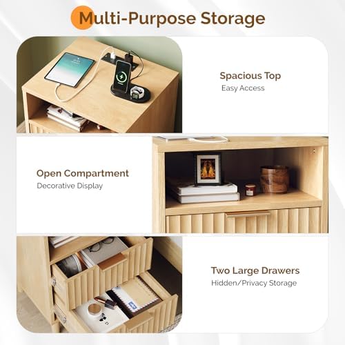 VINGLI Fluted Nightstand with Charging Station, Wood Nightstand with 2 Drawers Night Stand for Bedroom, Fluted Bedside Table/End Table/Side Table with Pine Wood Legs, Oak, 15.75" W*15.55" D*23.62" H - Image 7