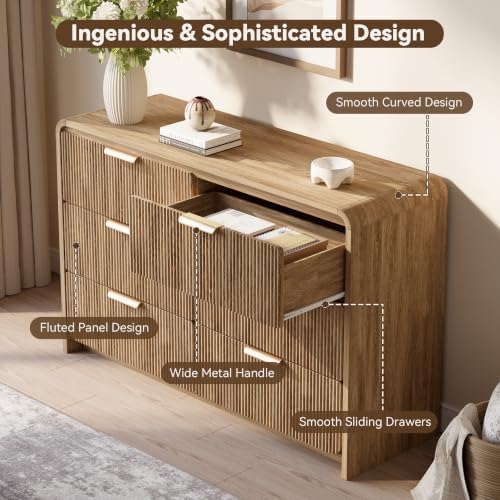 47" Fluted 6 Drawer Dresser for Bedroom, Living Room, Entryway Light Walnut - Image 3