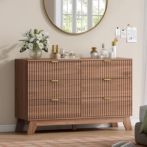 Wodeer 6 Drawer Fluted Dresser for Bedroom, Mid Century Modern Wooden Dresser with 6 Drawers, Dressers & Chests of Drawers with Metal Handle, TV Stand & Storage Organizer for Entryway, Hallway, Walnut by WODEER