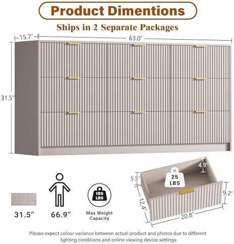 Furniway 9 Drawer Dresser for Bedroom, 63" Wide Dresser with Gold Handles, Modern Wood Chest of Drawers Storage Cabinet, Fluted Long Dresser for Bedroom, Living Room, Hallway, Beige - Image 2