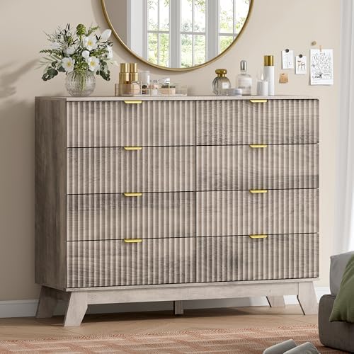 Wodeer 8 Drawer Fluted Dresser for Bedroom, Mid Century Modern Wooden Dresser with 8 Drawers, Dressers & Chests of Drawers with Metal Handle, TV Stand & Storage Organizer for Entryway, Hallway, Grey by WODEER