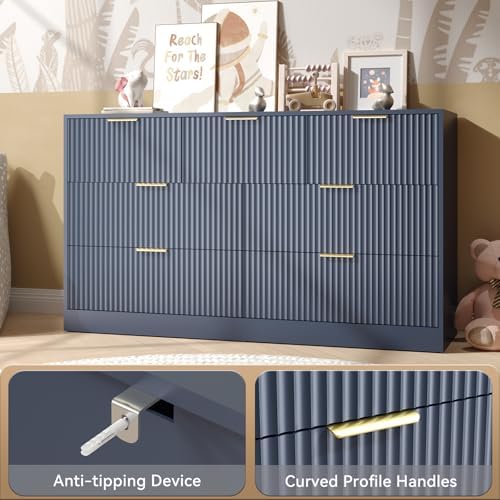 Blue Dresser with 7 Drawer 55" Wide Fluted Dresser for Bedroom丨Modern Chest of Drawer with Metal Handles, Wood TV Stand for Bedroom, Living Room, Entryway, Hallway, Blue - Image 5