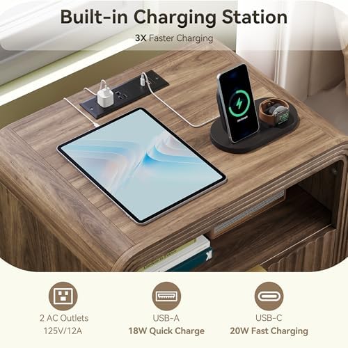 Decofy Fluted Nightstand Set of 2 with Charging Station, 2 Drawers, Walnut - Image 4