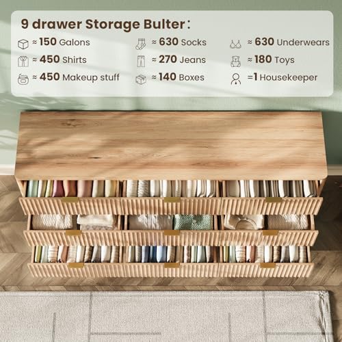 63" Wide Fluted 9 Drawers Dresser for Bedroom,Curved Edge,Oak - Image 5