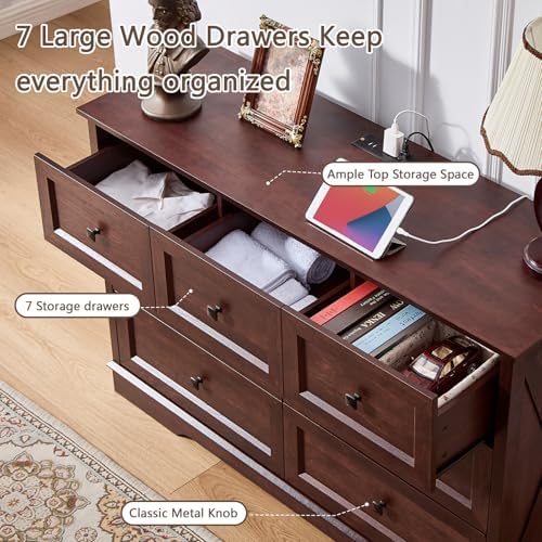 Farmhouse 7 Drawers Dresser for Bedroom with Charging Station,Wood Dressers - Image 5