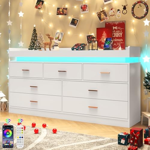 Hlivelood 7 Drawer Dresser with LED Light and Charging Station, Modern Chest of Drawers for Closet, Wide Drawer Organizer Cabinet for Bedroom, Living Room, Entryway, Hallway, White - Image 4