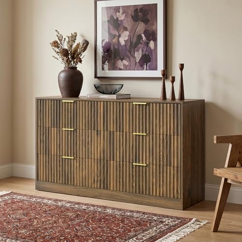 Walnut 6 Drawer Dresser for Bedroom, 55" Wide Fluted Chest of Drawers by RESOM