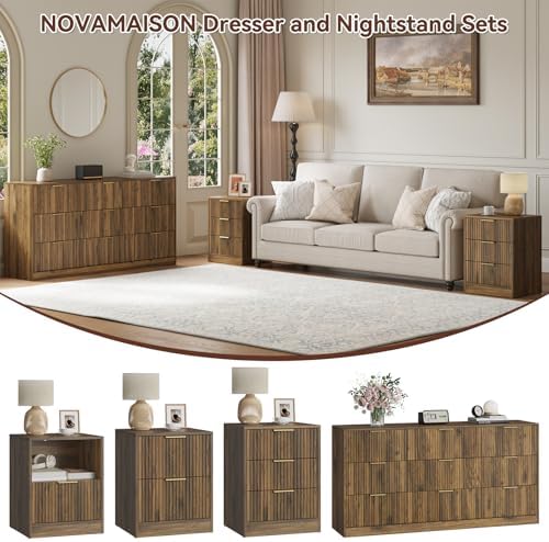 9 Drawer Dresser & 3-Drawer Nightstand Set 3-Piece, Walnut丨63 Long Dresser Set Night Stand Set of 2 with Metal Handle, Modern Wood Chest of Drawers Storage Dressers Set for Bedroom - Image 4