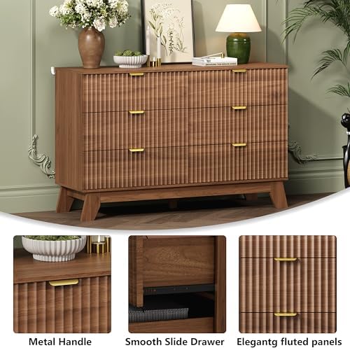 Wodeer 6 Drawer Fluted Dresser for Bedroom, Mid Century Modern Wooden Dresser with 6 Drawers, Dressers & Chests of Drawers with Metal Handle, TV Stand & Storage Organizer for Entryway, Hallway, Walnut - Image 5