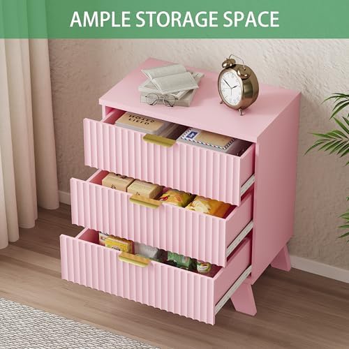 Xixini Fluted Nightstand with 3 Drawers, 24" Wide Side Table, Pink - Image 6