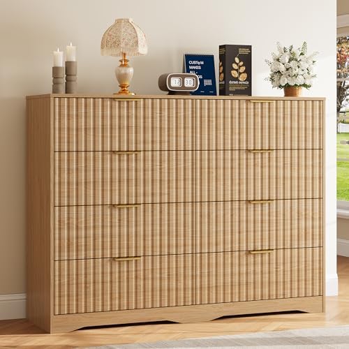 Fluted 8 Drawers Dresser for Bedroom, 55" Wide Wood Dressers, Natural Oak by METOTI