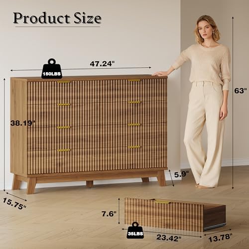 BORNOON Fluted 8 Drawer Tall Dresser, 47.2" Wide Modern Boho Chest of Drawers, Wooden Storage Dresser TV Stand for Bedroom, Living Room, Closet, Hallway, Curved Profile Design - Image 2