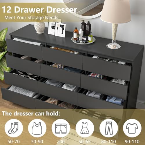 Black 12 Drawer Dresser for Bedroom,Modern Long Deep Drawer Dresser,Wood Storage Chest of Drawer, Bedroom Storage Organizer,No-Handle Design - Image 3