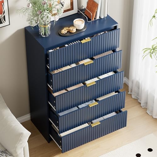 Furniway Blue Dresser for Bedroom, Modern Dresser with 5 Drawers and Smooth Slides, Wide Chest of Drawers with Golden Handles for Bedroom, Living Room, Closet, 15.7" D x 31.5" W x 47.2" H - Image 5