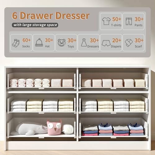 White Dresser with 6 Drawer 55" Wide Fluted Dresser for Bedroom丨Modern Chest of Drawer with Metal Handles, Wood TV Stand for Bedroom, Living Room, Entryway, Hallway, White - Image 3
