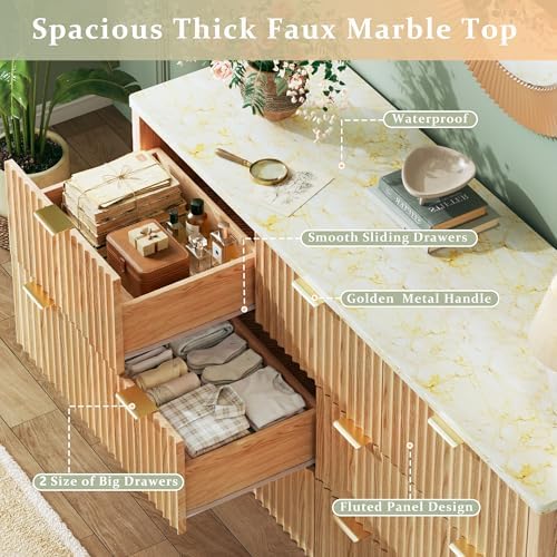 HUAHUU Fluted Dresser for Bedroom with 7 Drawers, 53" Wide Mid Century Modern Dressers with Faux Marble Top & Metal Handle, Wooden Chest of Drawers TV Stand, Natural Oak - Image 4