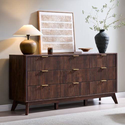 T4TREAM 63" Wide Fluted 9 Drawer Dresser for Bedroom, Dark Walnut by T4TREAMFurniture
