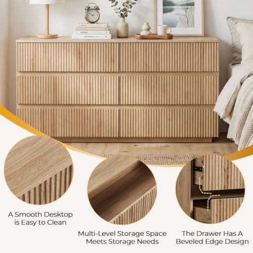 Karl home Natural Oak 6 Drawer Fluted Dresser, Modern Storage Chest - Image 4