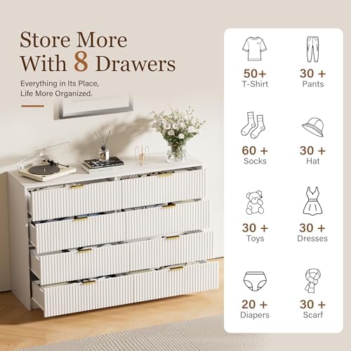 Furniway White 8 Drawer Dresser for Bedroom, Modern Dresser with Smooth Slides, Wide Chest of Drawers with Golden Handles for Bedroom, Living Room, Closet, 15.7" D x 55" W x 37.4" H - Image 5