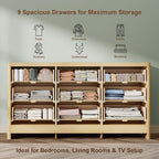 Fluted 9 Drawer Dresser for Bedroom, 59" Horizontal Wide Modern Low Profile Chest of Drawers with Metal Handle & Storage, Long Wooden Dresser TV Stand for Living Room & Closet, Natural Oak Dresser - Image 4