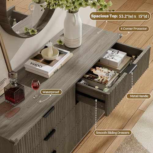 Wood Tall 6 Drawers Dresser, 53.2" W Fluted Modern Dressers for Bedroom - Image 4